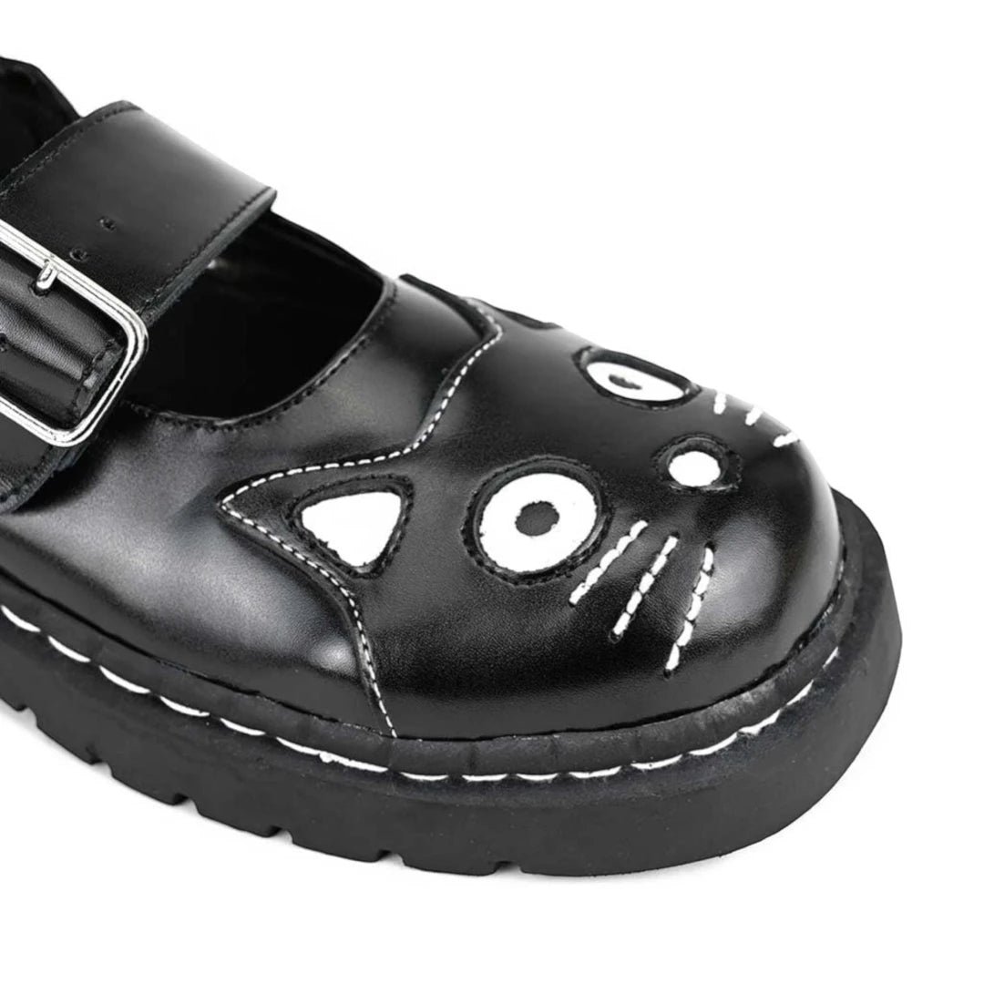 Women's Mary Jane Kitty Black Leather Platform Goth Shoes-TruClothing