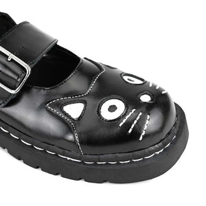 Women's Mary Jane Kitty Black Leather Platform Goth Shoes-TruClothing
