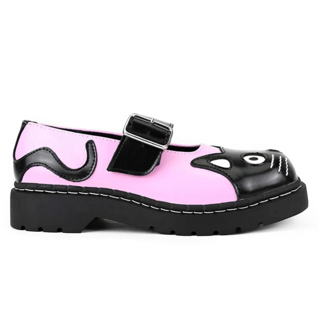 Women's Mary Jane Kitty Pink Black Leather Platform Shoes-TruClothing