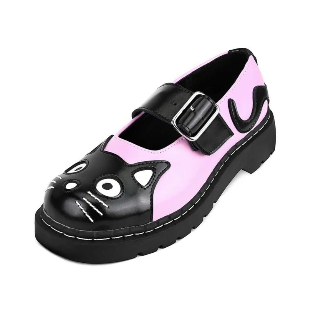 Women's Mary Jane Kitty Pink Black Leather Platform Shoes-TruClothing