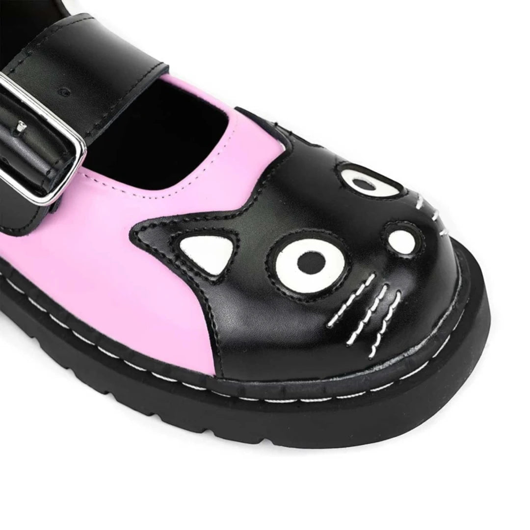 Women's Mary Jane Kitty Pink Black Leather Platform Shoes-TruClothing
