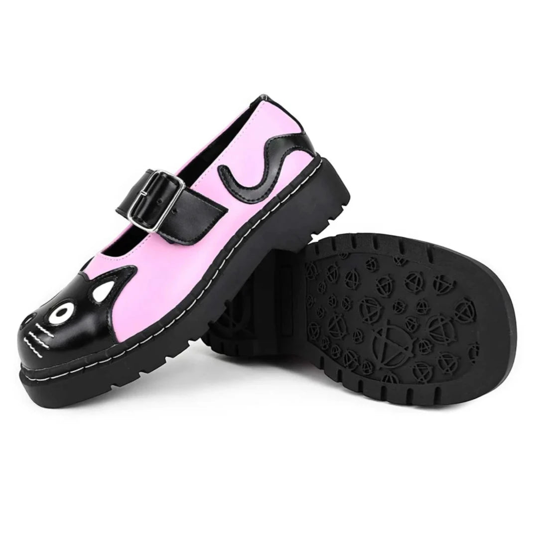 Women's Mary Jane Kitty Pink Black Leather Platform Shoes-TruClothing