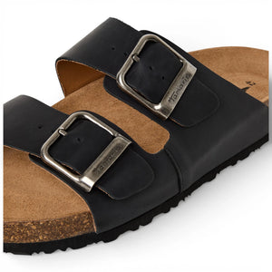Men's Black Leather Slip-On Footbed Slipper Sandals - Tamaris - 5
