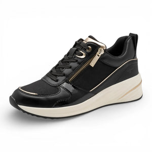Women's Black Gold Platform Zip Lace-Up Sneakers