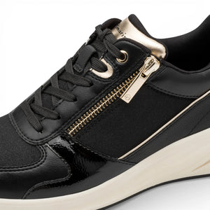 Women's Black Gold Platform Zip Lace-Up Sneakers