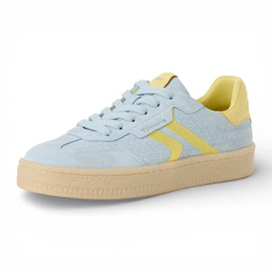 Women's Blue Leather Yellow Stripes Sneakers