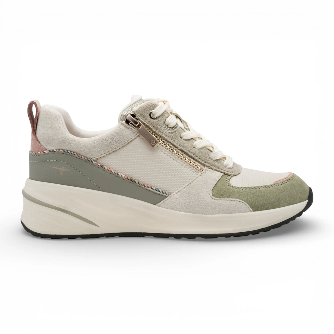 Women's White Green Platform Zip Lace-Up Sneakers