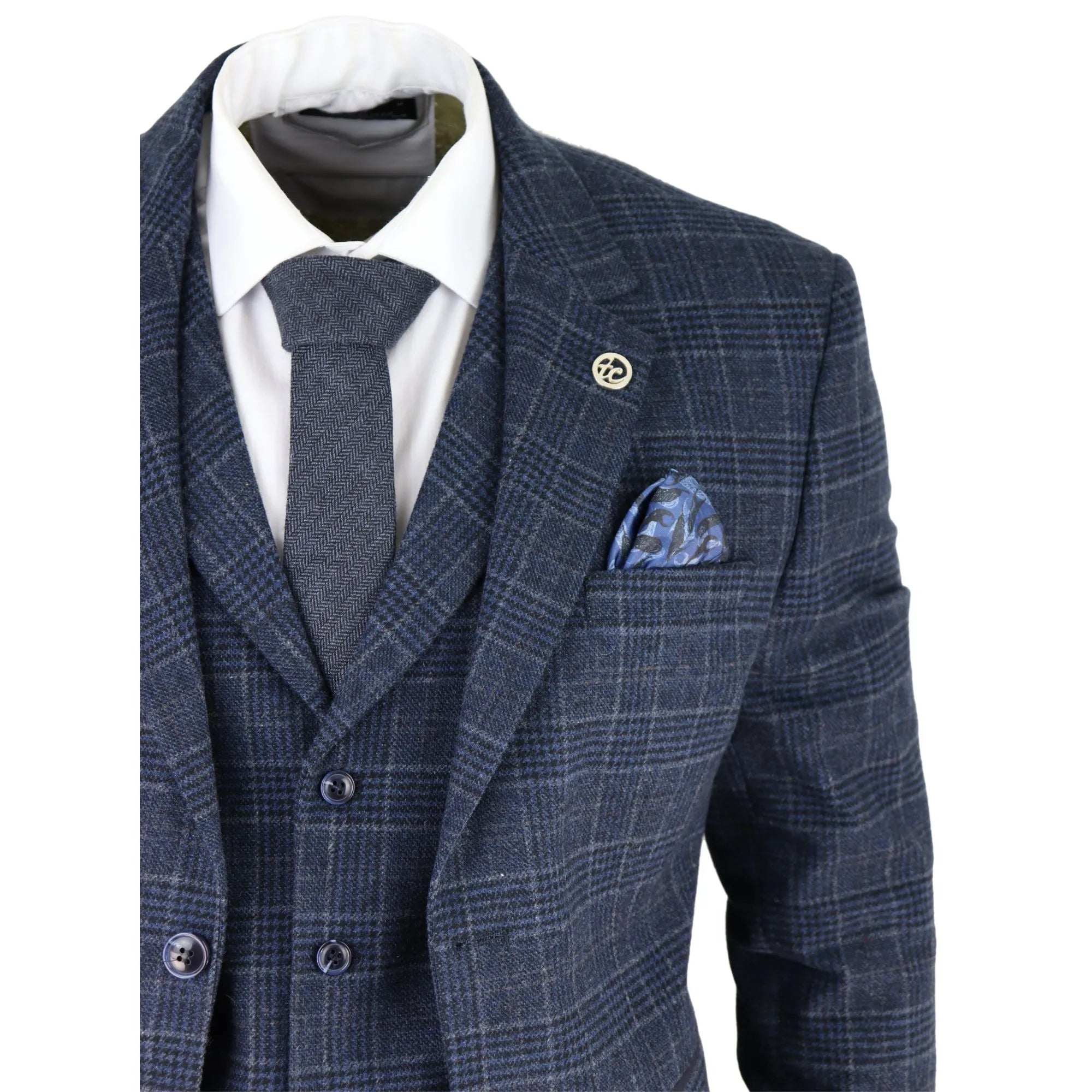 Costume bleu pour homme tweed 3 pièces à carreaux style vintage années 20 Gatsby Blinders coupe ajustée