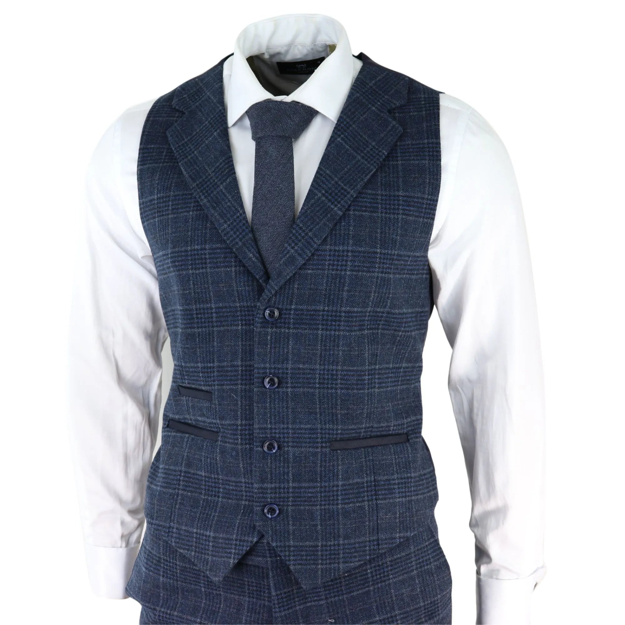 AK-13 - Men's Tweed 3 Piece Suit Blue Check 1920s Gatsby Blinders