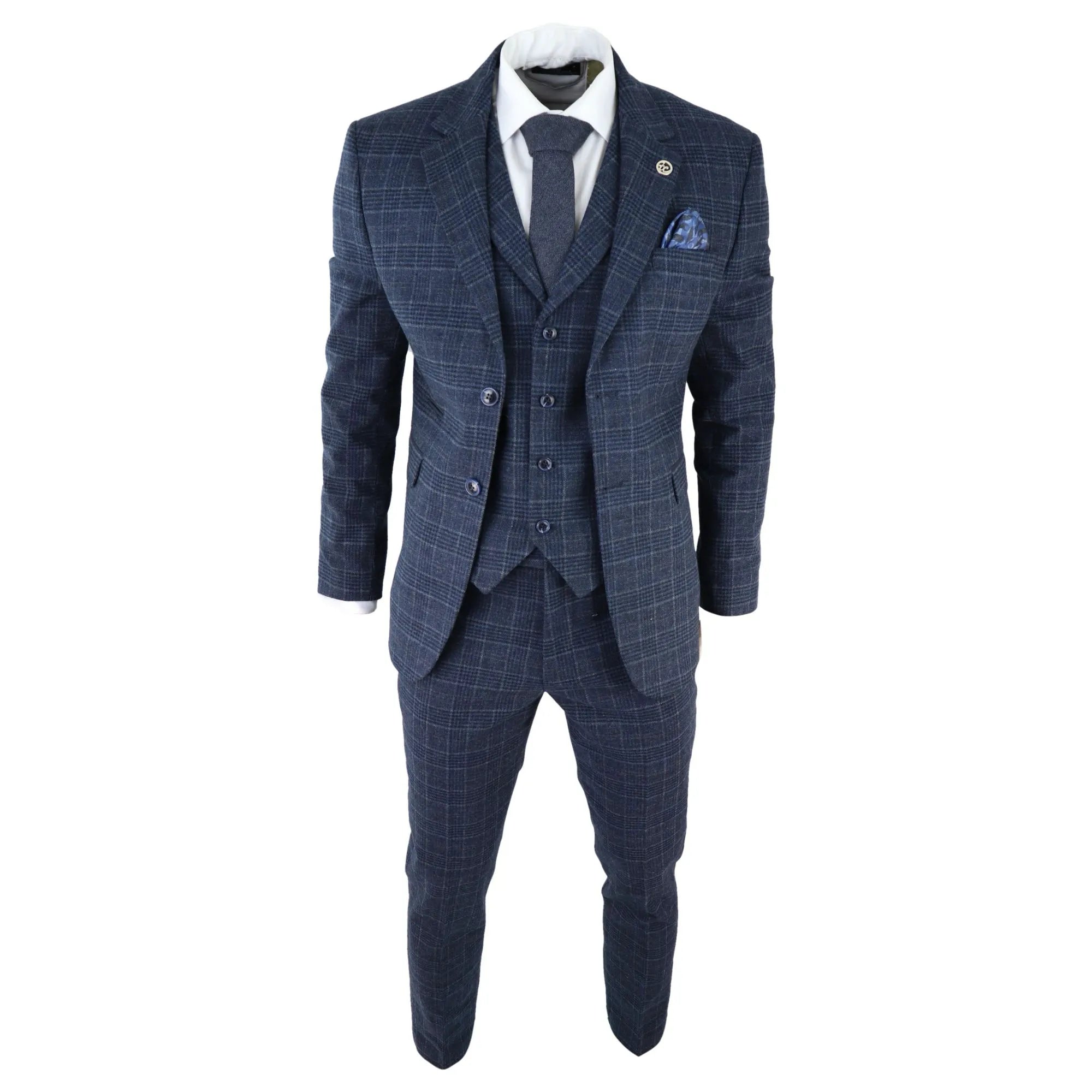 AK-13 - Men's Tweed 3 Piece Suit Blue Check 1920s Gatsby Blinders