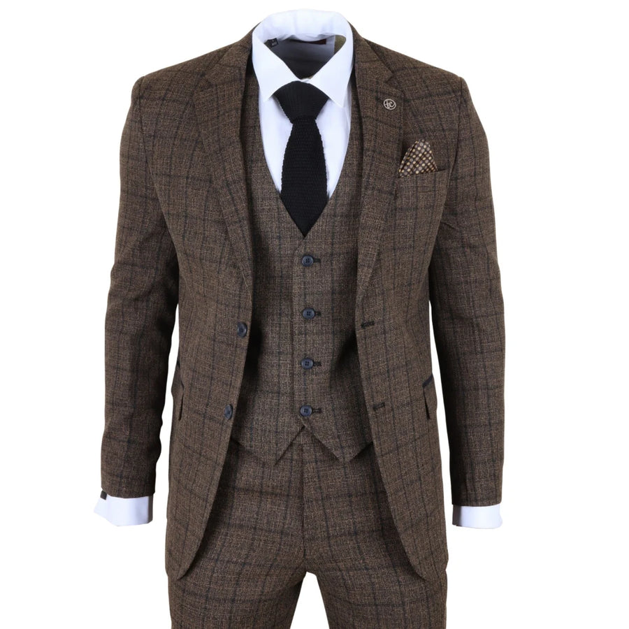 IM11 - Men's Dark Brown 3 Piece Plaid Check Suit-TruClothing