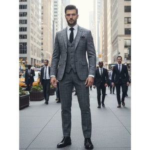 IM11 - Men's Charcoal 3 Piece Tailored Fit Check Suit-TruClothing