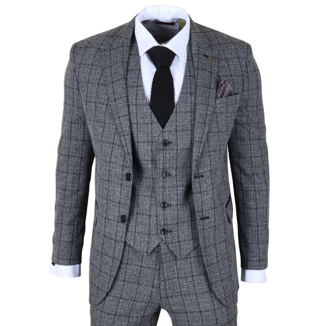 IM11 - Men's Charcoal 3 Piece Tailored Fit Check Suit-TruClothing