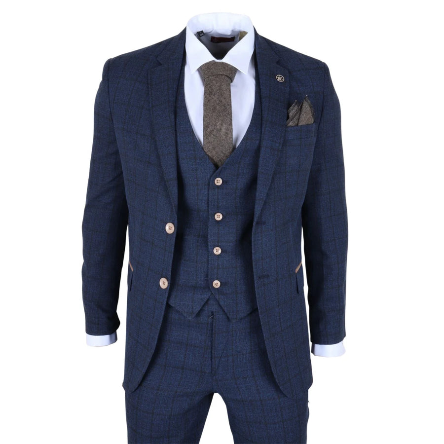 IM11 - Men's Navy 3 Piece Plaid Check Suit-TruClothing