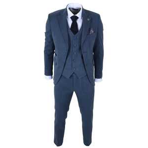 IM40 - Men's Blue 3 Piece Tweed Herringbone Suits-TruClothing