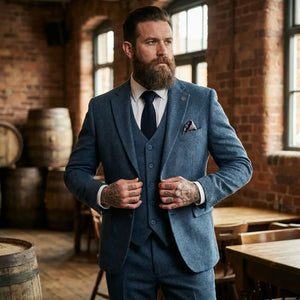 IM40 - Men's Blue 3 Piece Tweed Herringbone Suits-TruClothing