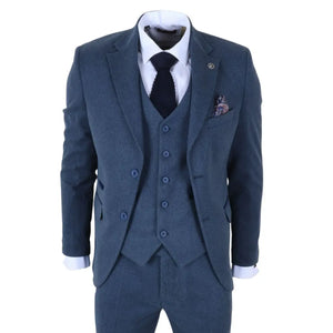 IM40 - Men's Blue 3 Piece Tweed Herringbone Suits-TruClothing