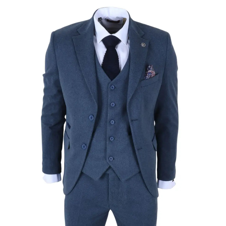 IM40 - Men's Blue 3 Piece Tweed Herringbone Suits-TruClothing