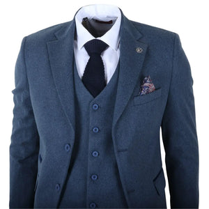IM40 - Men's Blue 3 Piece Tweed Herringbone Suits-TruClothing