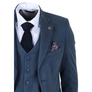 IM40 - Men's Blue 3 Piece Tweed Herringbone Suits-TruClothing