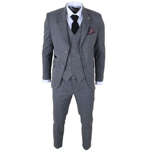 IM41 - Men's Grey 3 Piece Tweed Herringbone Suits-TruClothing