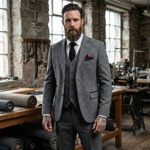 IM41 - Men's Grey 3 Piece Tweed Herringbone Suits-TruClothing
