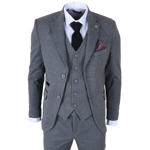 IM41 - Men's Grey 3 Piece Tweed Herringbone Suits-TruClothing