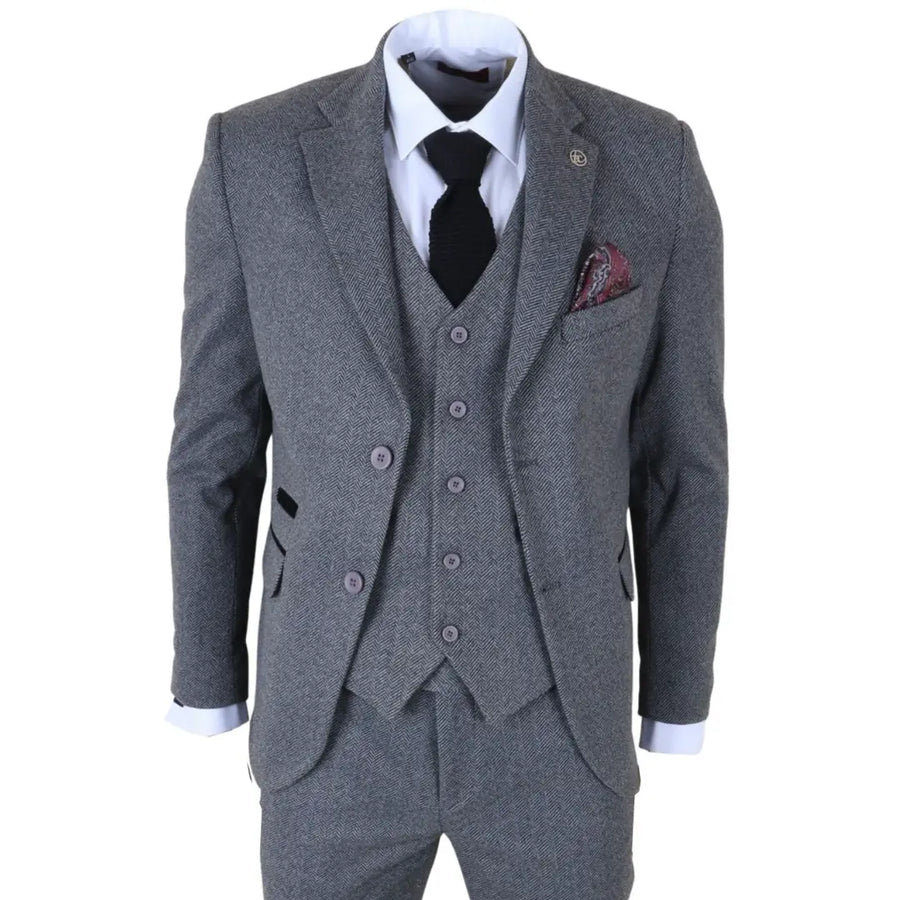 IM41 - Men's Grey 3 Piece Tweed Herringbone Suits-TruClothing