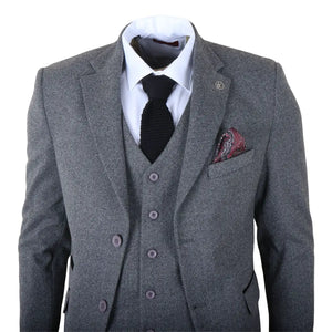 IM41 - Men's Grey 3 Piece Tweed Herringbone Suits-TruClothing