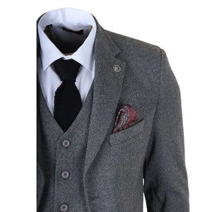 IM41 - Men's Grey 3 Piece Tweed Herringbone Suits-TruClothing