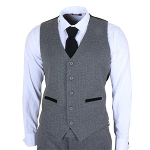 IM41 - Men's Grey 3 Piece Tweed Herringbone Suits-TruClothing