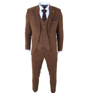 IM42 - Men's Brown 3 Piece Tweed Herringbone Suits-TruClothing