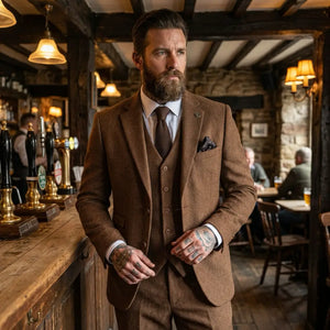 IM42 - Men's Brown 3 Piece Tweed Herringbone Suits-TruClothing