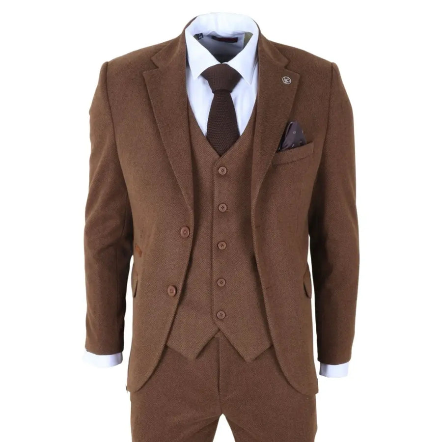 IM42 - Men's Brown 3 Piece Tweed Herringbone Suits-TruClothing