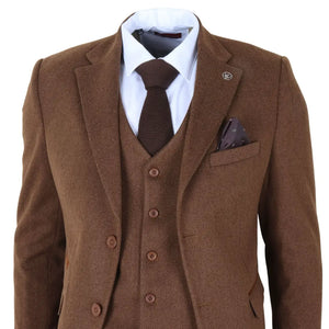 IM42 - Men's Brown 3 Piece Tweed Herringbone Suits-TruClothing