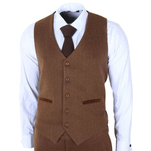 IM42 - Men's Brown 3 Piece Tweed Herringbone Suits-TruClothing
