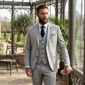 IM53 - Szary 3-częściowy garnitur męski w kratkę Tailored Fit - TruClothing.com - 2