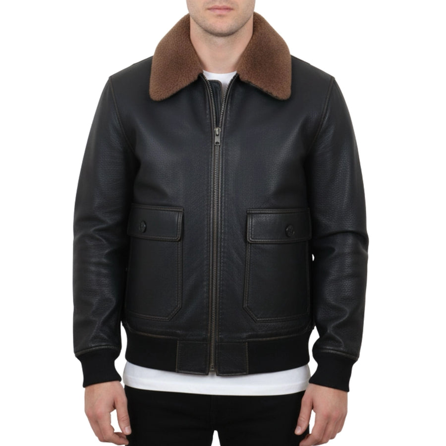 Men's Black Leather Bomber Aviator Jacket-TruClothing