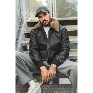 Men's Black Leather Bomber Aviator Jacket-TruClothing