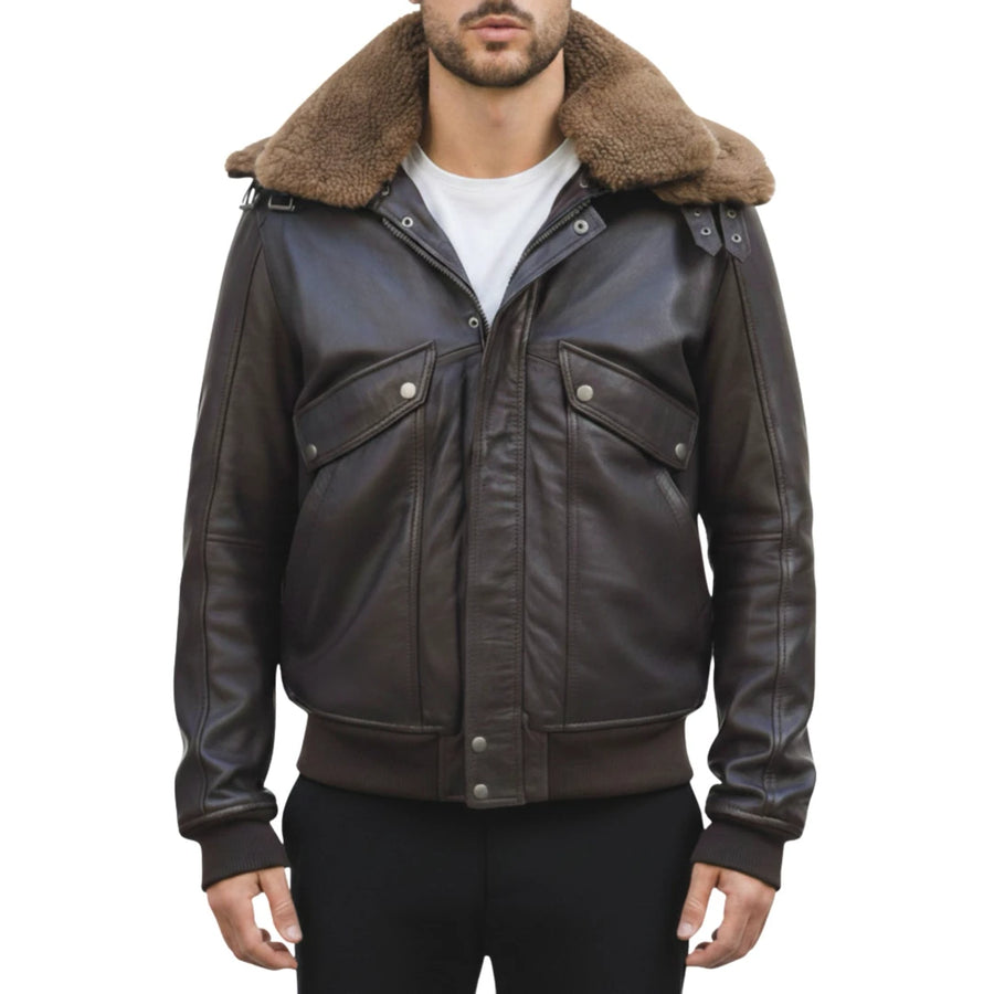 Men's Brown Leather Bomber Aviator Style Jacket-TruClothing