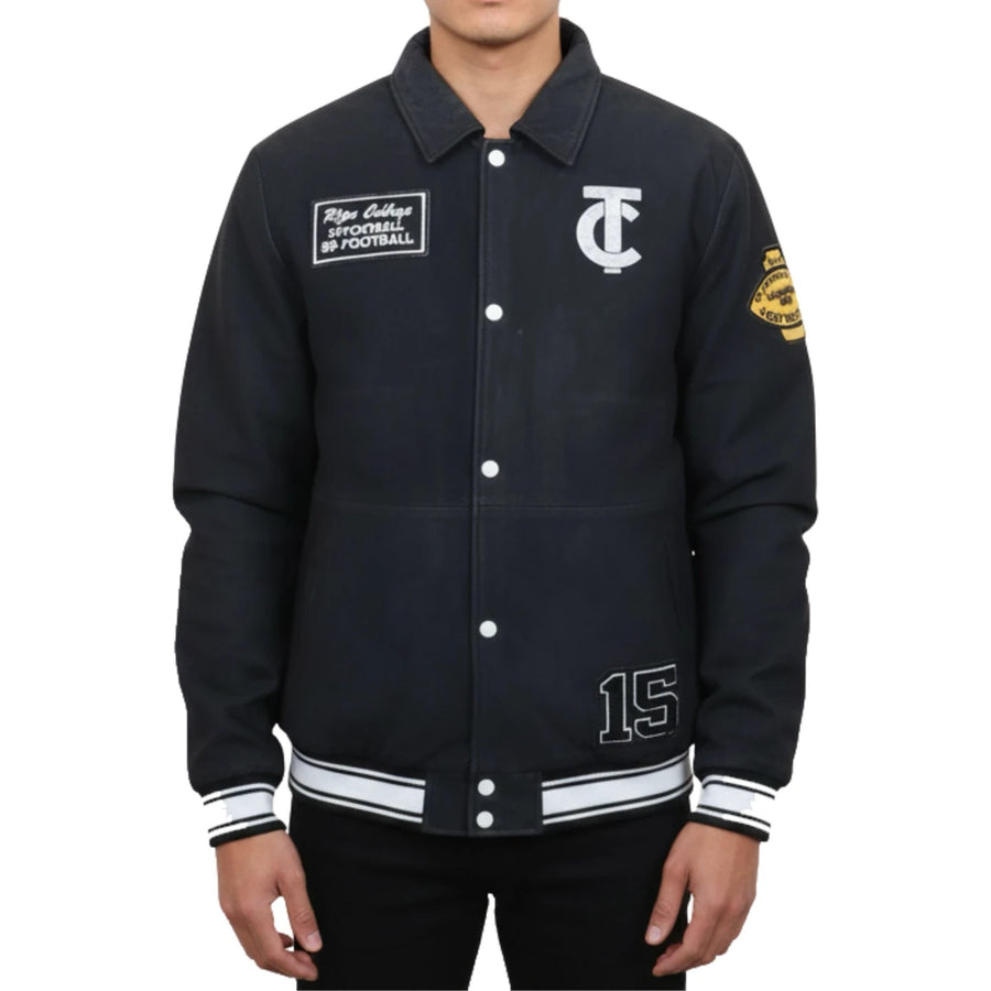 Men's Leather Varsity Letterman Bomber Jacket-TruClothing