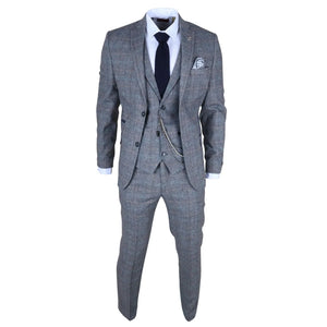 STZ74 - Men's 3 Piece Suit Wool Tweed Light Blue Grey Check-TruClothing