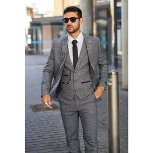 STZ74 - Men's 3 Piece Suit Wool Tweed Light Blue Grey Check-TruClothing