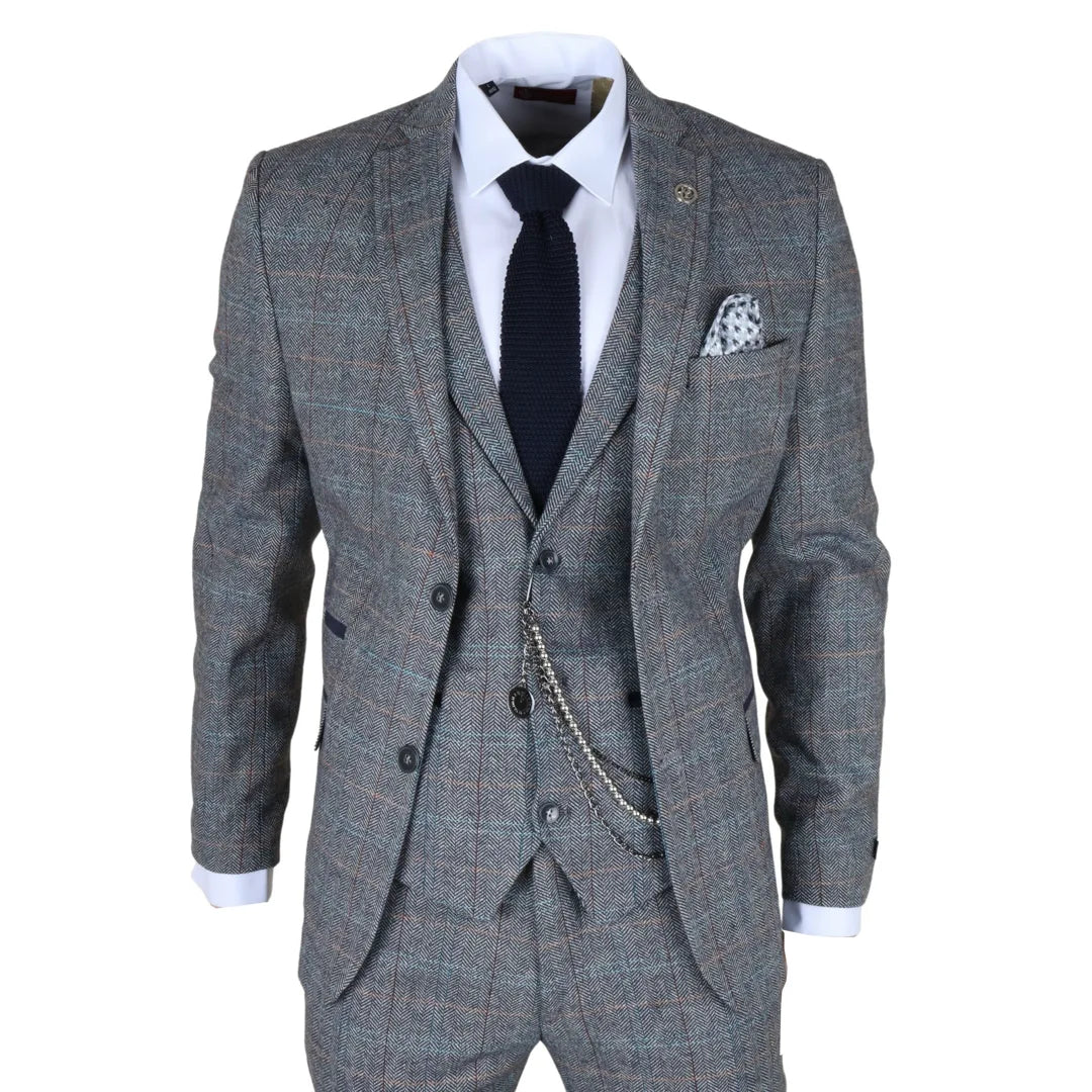 STZ74 - Men's 3 Piece Suit Wool Tweed Light Blue Grey Check-TruClothing