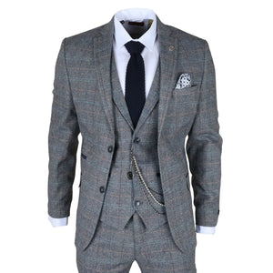 STZ74 - Men's 3 Piece Suit Wool Tweed Light Blue Grey Check-TruClothing