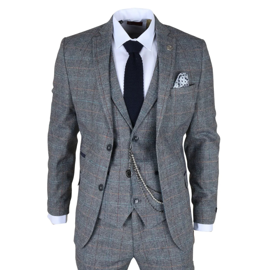 STZ74 - Men's 3 Piece Suit Wool Tweed Light Blue Grey Check-TruClothing