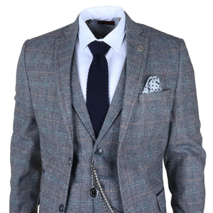 STZ74 - Men's 3 Piece Suit Wool Tweed Light Blue Grey Check-TruClothing