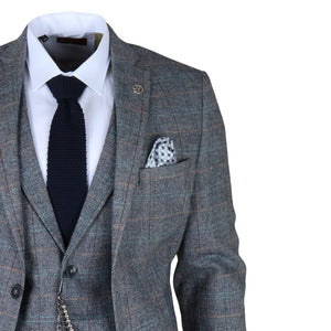 STZ74 - Men's 3 Piece Suit Wool Tweed Light Blue Grey Check-TruClothing