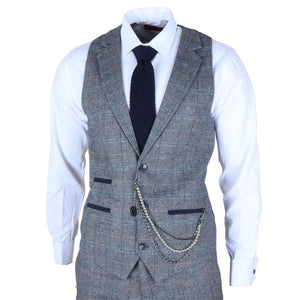 STZ74 - Men's 3 Piece Suit Wool Tweed Light Blue Grey Check-TruClothing