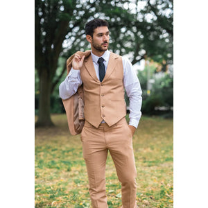 TP-23 - Men's Camel 3 Piece Linen Summer Wedding Suit-TruClothing